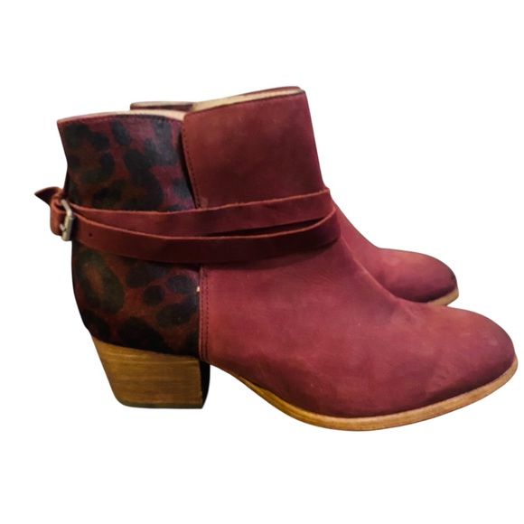 Boden Keira Burgundy Red Animal Print Suede Calf Hair Leather Ankle Booties - Picture 3 of 11